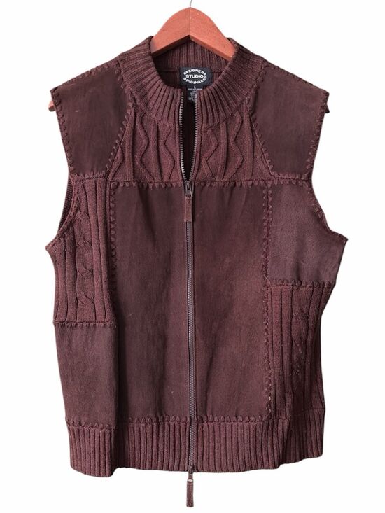 Designers Originals Jackets & Blazers - VTG Designer Studio Originals Brown Zip-Front Suede Patchwork Knit Vest Sz L